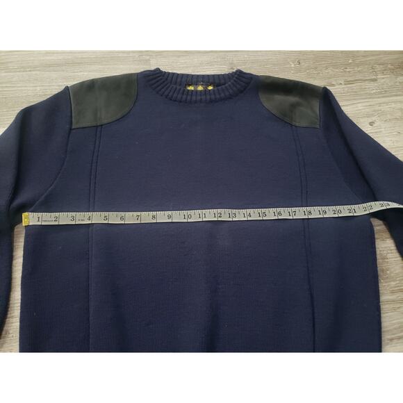 Vintage Barbour Pure Wool & Suede Leather Navy Blue Jumper Sweater | Size 56-46 - Picture 7 of 8